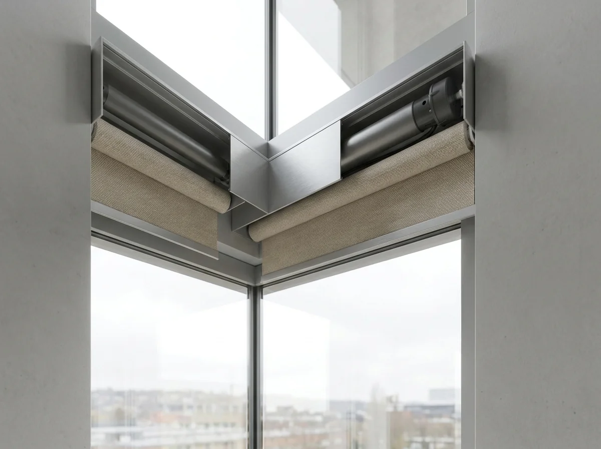 Close-up of a tubular motor mechanism inside a slim cassette pelmet above a double-volume window in a Copperleaf home