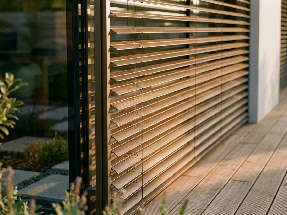 Close detail of bronze external venetian slats and their guide rail outside a Copperleaf window wall in early-evening light