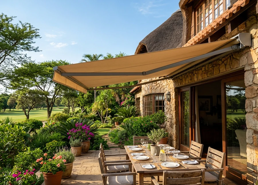 Folding-arm awning stretched on its spring arms over the lunch table of a stone-and-thatch Copperleaf patio, the fairway open beyond the garden