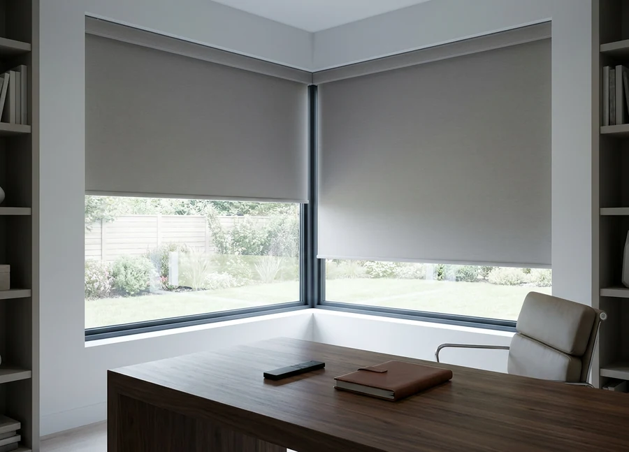 Two motorised roller blinds paused mid-travel over the corner glazing of a Copperleaf study, the remote lying on the walnut desk